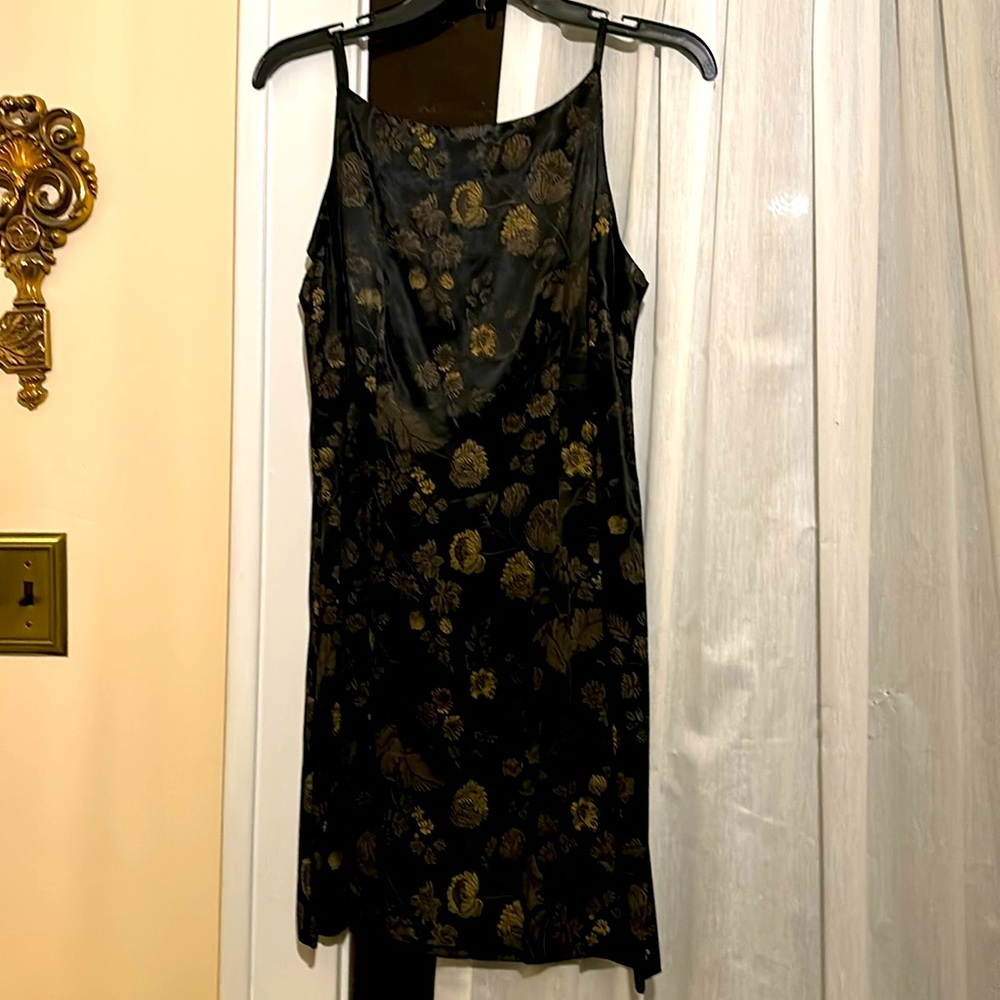 All that Jazz, black and gold spaghetti strap dress; scoop neck and back zipper
